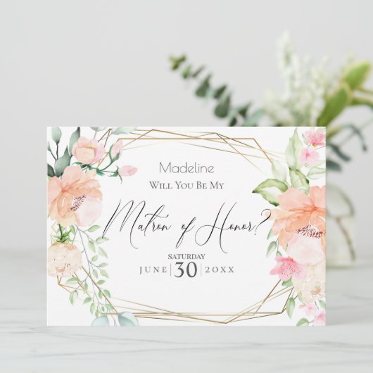 Blush Blume werden Sie meine Ehrenmatrone sein Einladung (Stehend Vorderseite)