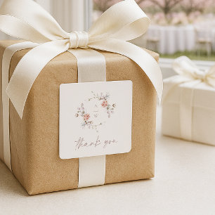 Blush-Blumen-Monogramm „Danke“-Hochzeit Quadratischer Aufkleber