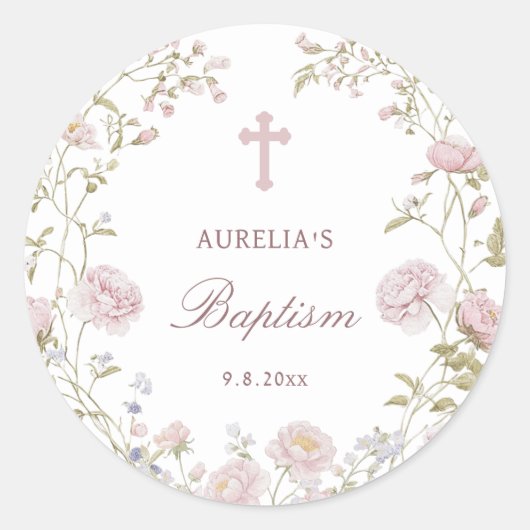 Blush-Blumen-Taufe Runder Aufkleber (Vorderseite)