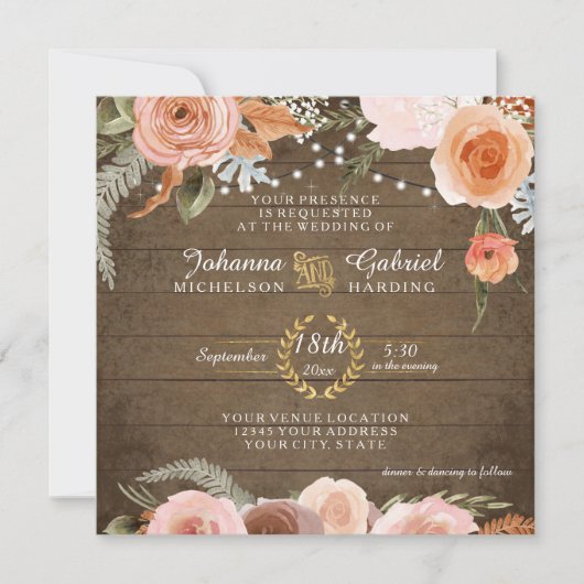 Blush Blumenfall Rustikaler Wald Grüne Blätter Einladung (Vorderseite)