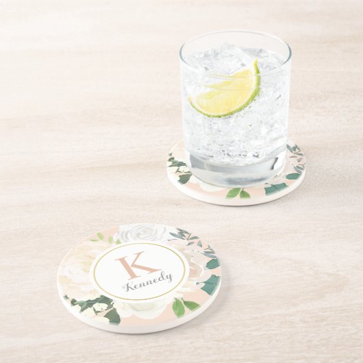 Blush Blumengrün Rose Gold Monogram Initial Getränkeuntersetzer (Seite)