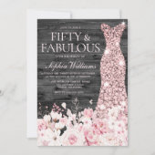 Blush Blumenkleid Rustikale Holzkohle 50. Geburtst Einladung (Vorderseite)