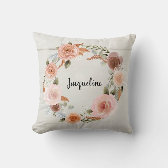 Blush Blumenkraut Hütte Weißes Holzpfirsichmädchen Kissen (Vorderseite)