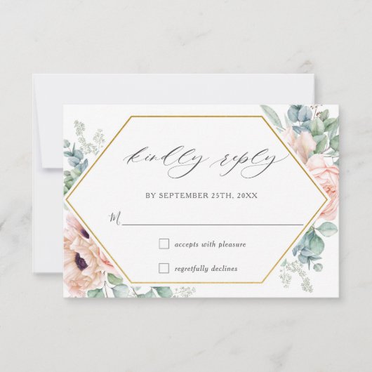 Blush Blumenmohn Rose Grüne Hochzeit Gold RSVP Karte (Vorderseite)