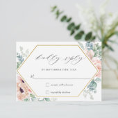 Blush Blumenmohn Rose Grüne Hochzeit Gold RSVP Karte (Stehend Vorderseite)