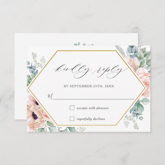 Blush Blumenmohn Rose Grüne Hochzeit Gold RSVP Karte (Vorne/Hinten)
