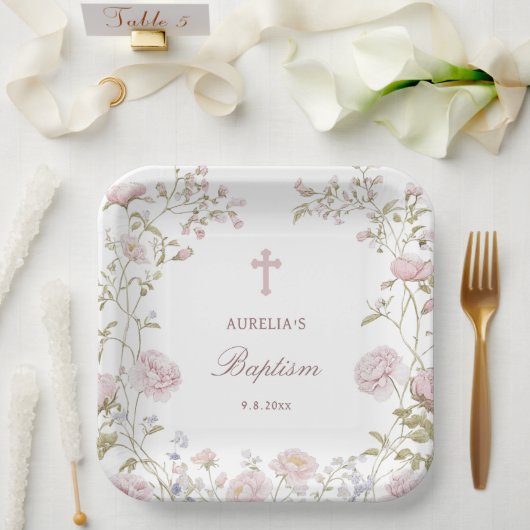 Blush-Blumenrahmen Taufe Pappteller (Hochzeit)