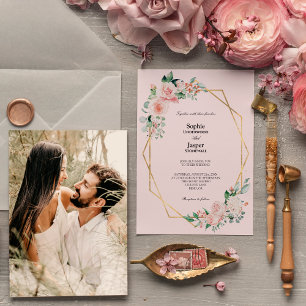 Blush Blumenrosa Einfaches Foto Hochzeitsempfang Einladung