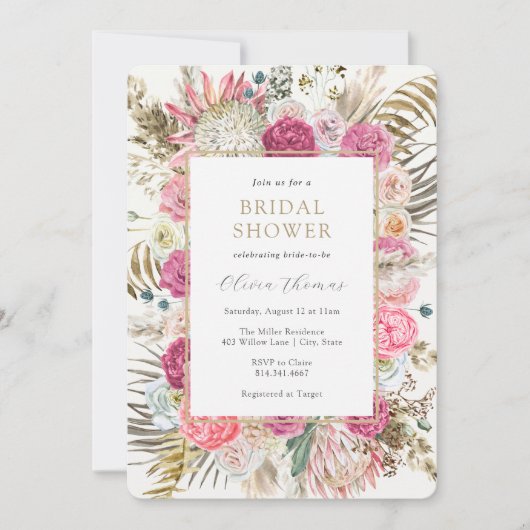 Blush Bohemian Floral Bridal Shower Einladung (Vorderseite)
