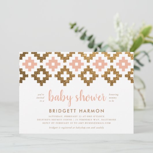 Blush Boho Aztec Baby Dusche Einladung (Stehend Vorderseite)