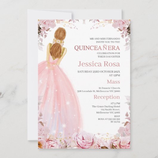 Blush Boho Blumenkleid Quinceañera Einladung (Vorderseite)