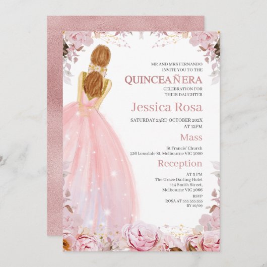 Blush Boho Blumenkleid Quinceañera Einladung (Vorne/Hinten)
