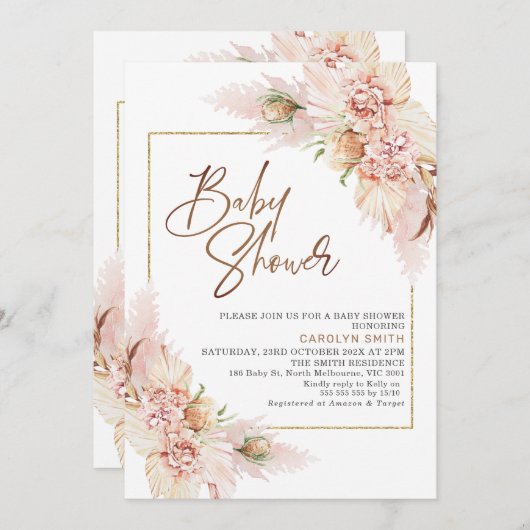 Blush Boho Dry Floral Arrangement Babydusche Einladung (Vorne/Hinten)
