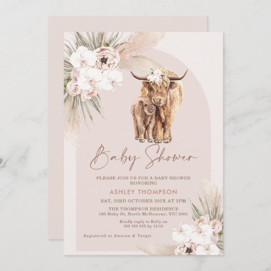 Blush Boho Floral Arch Highland Cow Baby Dusche Einladung (Vorne/Hinten)