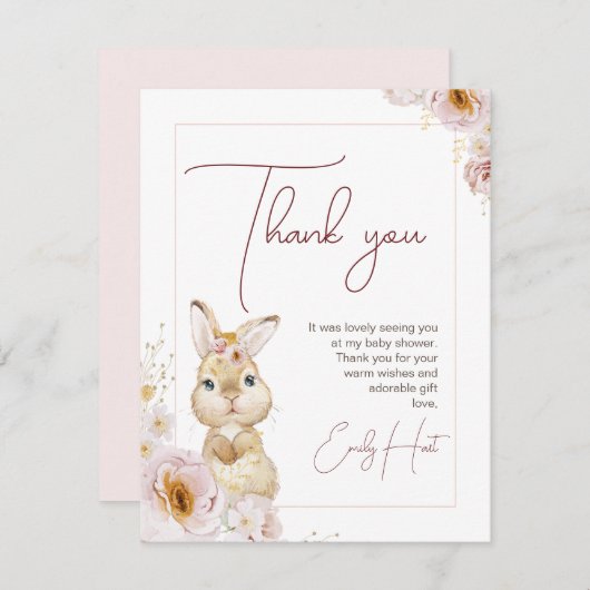 Blush Boho Floral Bunny Baby Dusche Danke Karte (Vorne/Hinten)