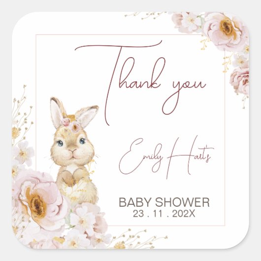 Blush Boho Floral Bunny Baby Dusche Danke Quadratischer Aufkleber (Vorderseite)