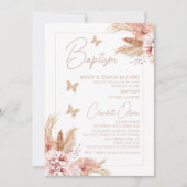 Blush Boho Floral Butterflies Taufe Einladung (Vorderseite)