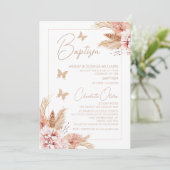Blush Boho Floral Butterflies Taufe Einladung (Stehend Vorderseite)