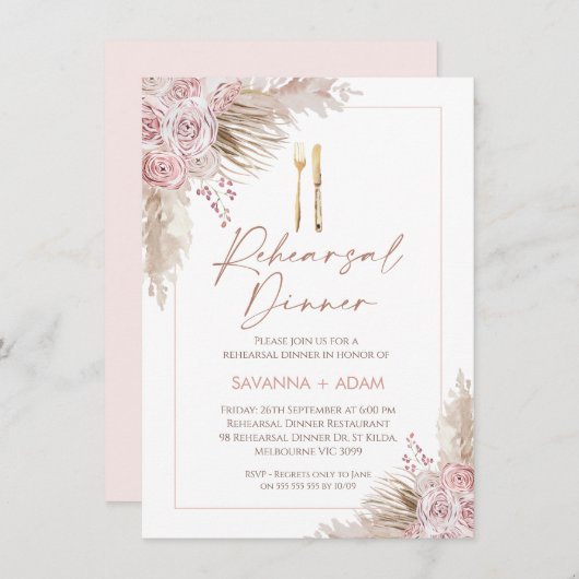 Blush Boho Floral Pampas Cutlery Probe Abendessen Einladung (Vorne/Hinten)
