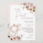 Blush Boho Floral Peanut Elephant Baby Dusche Einladung (Vorne/Hinten)
