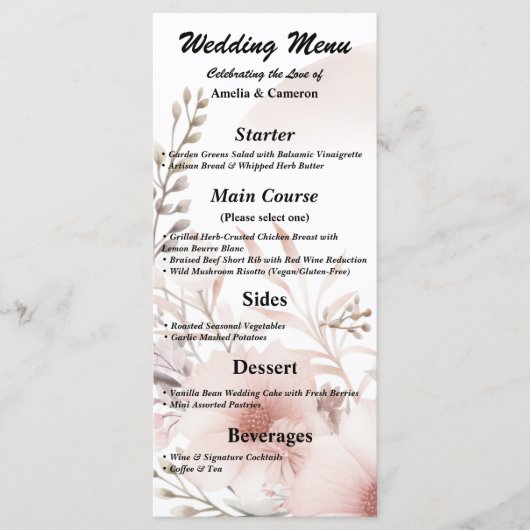 Blush Boho Floral Wedding Menu Card Menükarte (Vorderseite)
