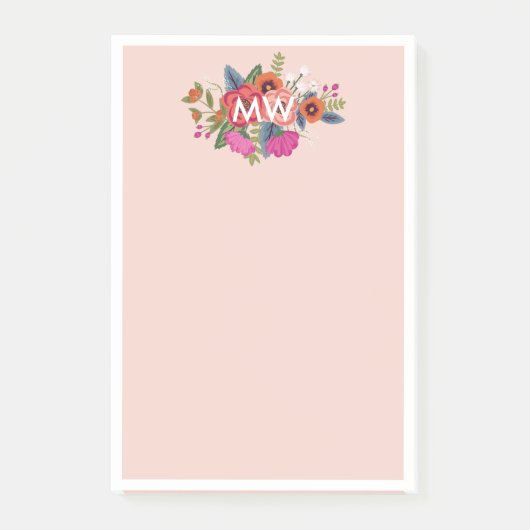 Blush Boho Florals White Monogram Post-it Klebezettel (Vorderseite)