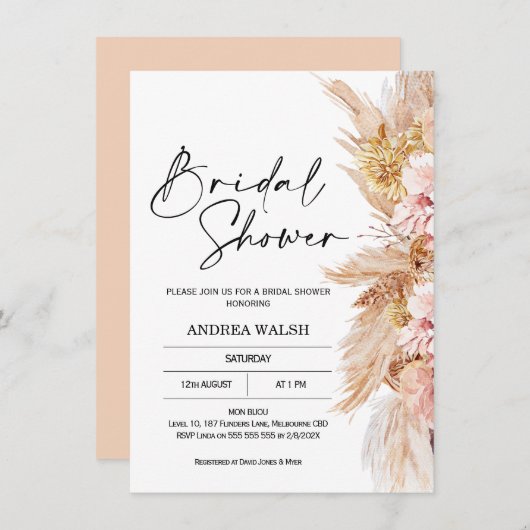 Blush Boho Pampas Grass Bridal Dusche Einladung (Vorne/Hinten)