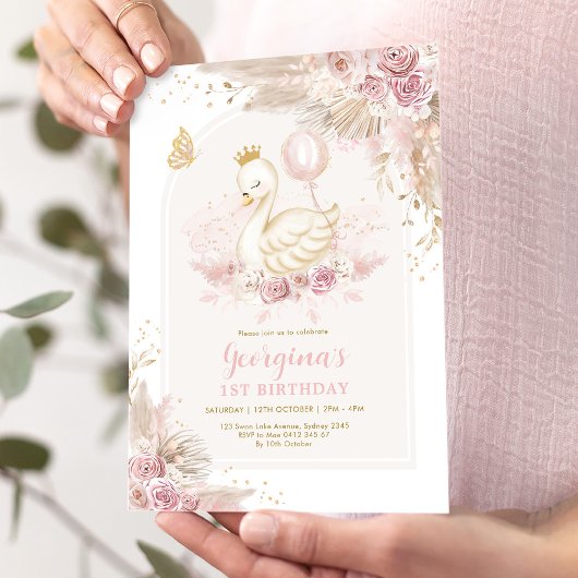 Blush Boho Swan Princess Girl Birthday Einladung