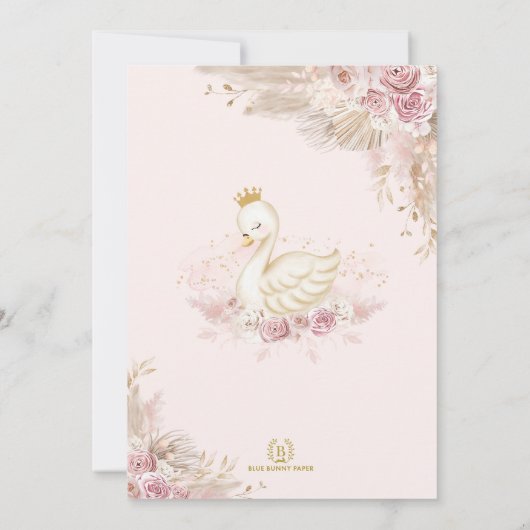 Blush Boho Swan Princess Girl Birthday Einladung (Rückseite)
