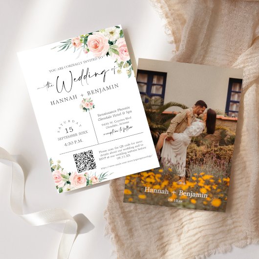 Blush Boho Wedding Modern Minimal QR Code Foto Einladung