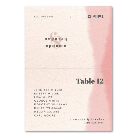 Blush & Bold Script Wedding Guest Names Platzkarte Tischnummer (Vorderseite)