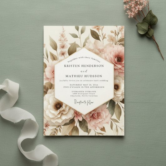 Blush Botanical Romance Wedding Einladung