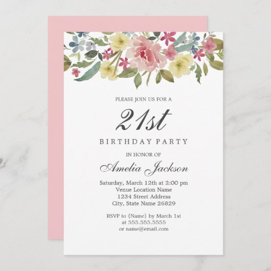 Blush Botanisches Party 21. Geburtstag Einladung (Vorne/Hinten)