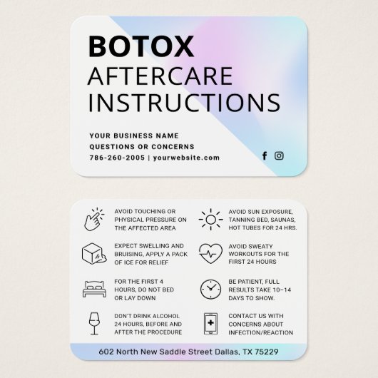 Blush Botox Injektionskarte nach der Behandlung (Vorne & Hinten)