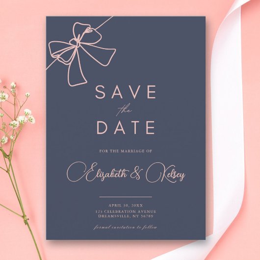 Blush Bow Elegance Schieferblau Save the Date