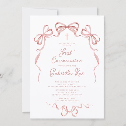 Blush Bow First Communion Invitation Einladung (Vorderseite)