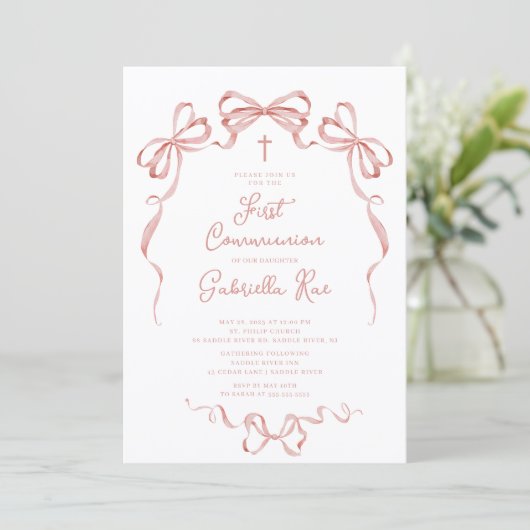 Blush Bow First Communion Invitation Einladung (Stehend Vorderseite)