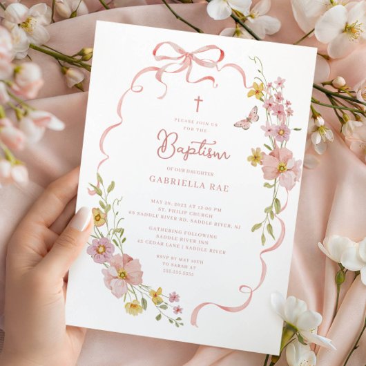 Blush Bow Floral Baptism Einladung