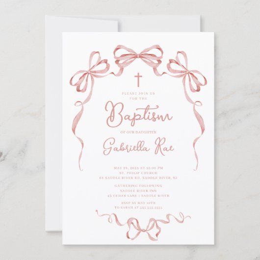 Blush Bow Girl Baptism Einladung (Vorderseite)
