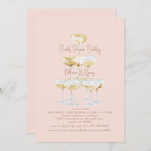 Blush Brautparty Bubbly Champagne Einladung (Vorne/Hinten)