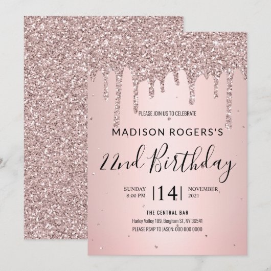 Blush Bronze junge Dame Glitzer Einladung (Vorne/Hinten)