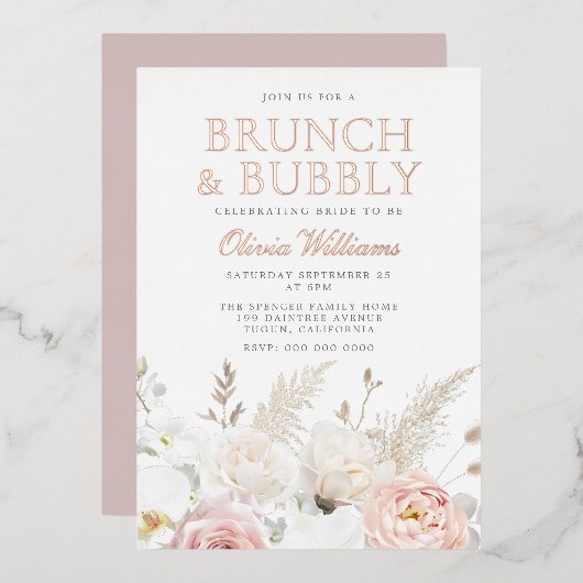 Blush Brunch & Bubbly Brautparty Rose Gold Folieneinladung (Vorderseite/Rückseite)