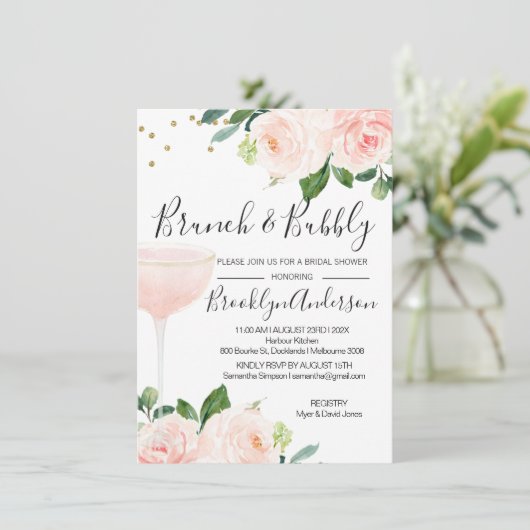 Blush Brunch Champagne Bridal Dusche Einladung (Stehend Vorderseite)