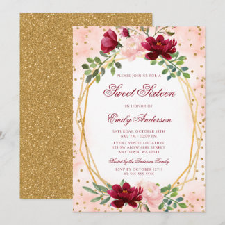 Blush Burgund Bloral Gold Geometric Sweet 16 Einladung