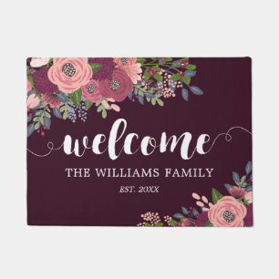 Blush Burgund Floral Familienname Willkommen Fußmatte