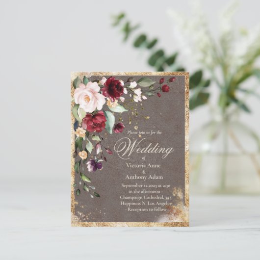 Blush Burgund Floral Wasserfarbe Rustikale Hochzei Postkarte (Stehend Vorderseite)