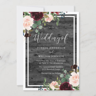 Blush & Burgund Rote Blume Holzkohle Hochzeit Einladung