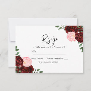 Blush & Burgund Rote Blume Schöne Hochzeit RSVP Karte