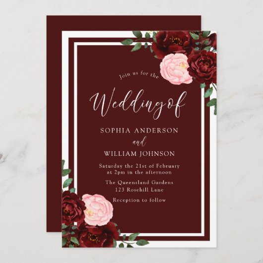 Blush & Burgund Rote Rosen Hochzeit auf elegante A Einladung (Vorne/Hinten)