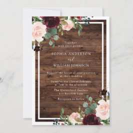 Blush & Burgund Wasserfarbe Rustikale Holzhochzeit Einladung